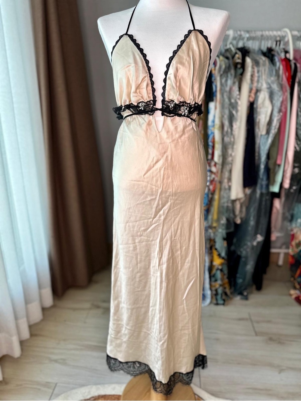 Johanna Ortiz Cream Slip Dress with Black Lace Trim